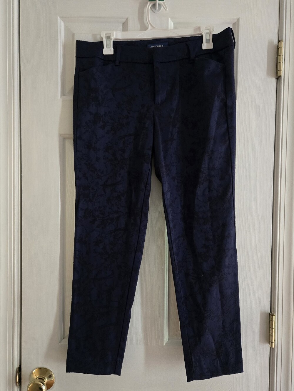 Old Navy Pixie Mid Rise Navy Blue And Black Floral Jacquard Pants 10 Regular